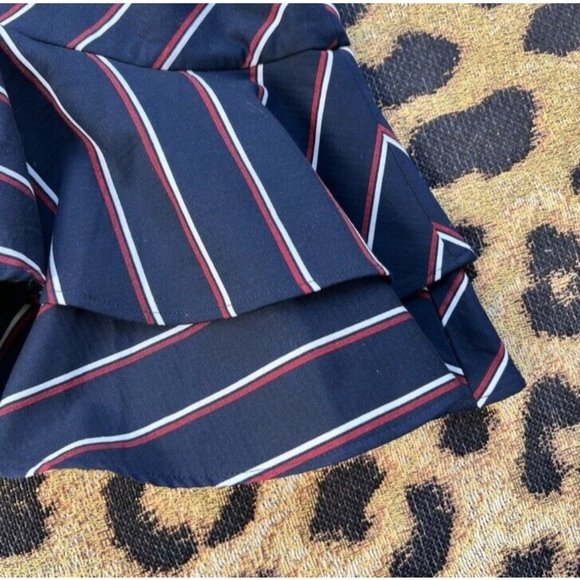 EXPRESS Tiered Asymmetrical Ruffle Navy Blue Red White Striped Skirt (Size 8) - Picture 4 of 6